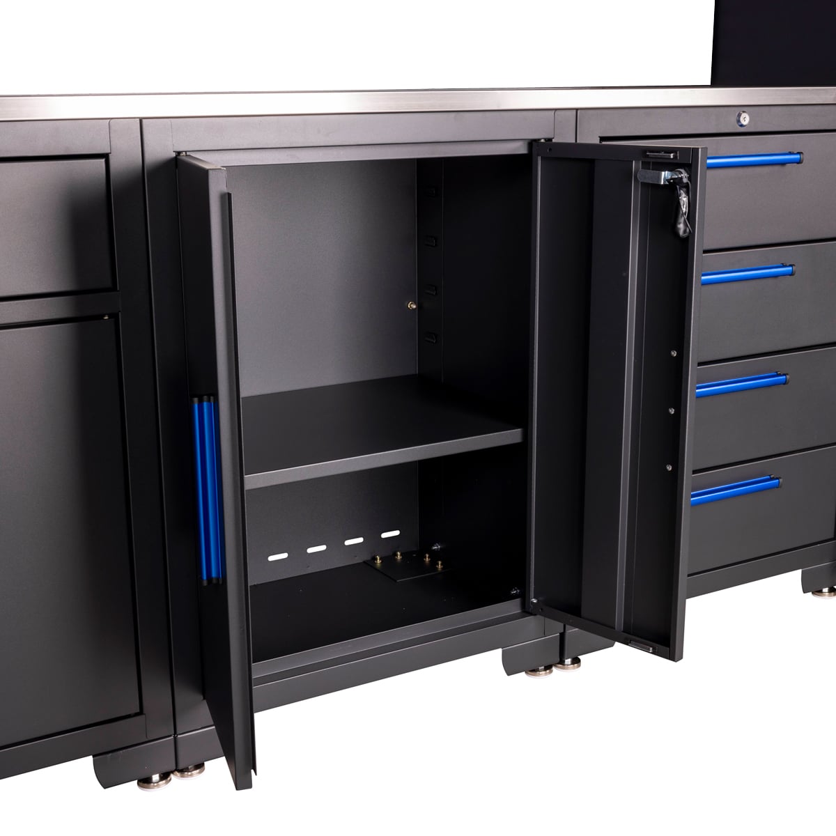 SGS 9pc Garage Storage System | Stainless Steel Worktop | 3x Floor Cabinets | 3x Upper Cabinets | 2x Tall Double Side Cabinets